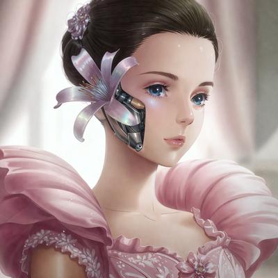 The primary subject of the image is a woman with a pink dress and a flower in her hair. She is wearing a pink dress and a pink flower in her hair. The setting is a room with a pink background. The visual style is digital art, and the colors and mood are predominantly pink, creating a warm and feminine atmosphere.